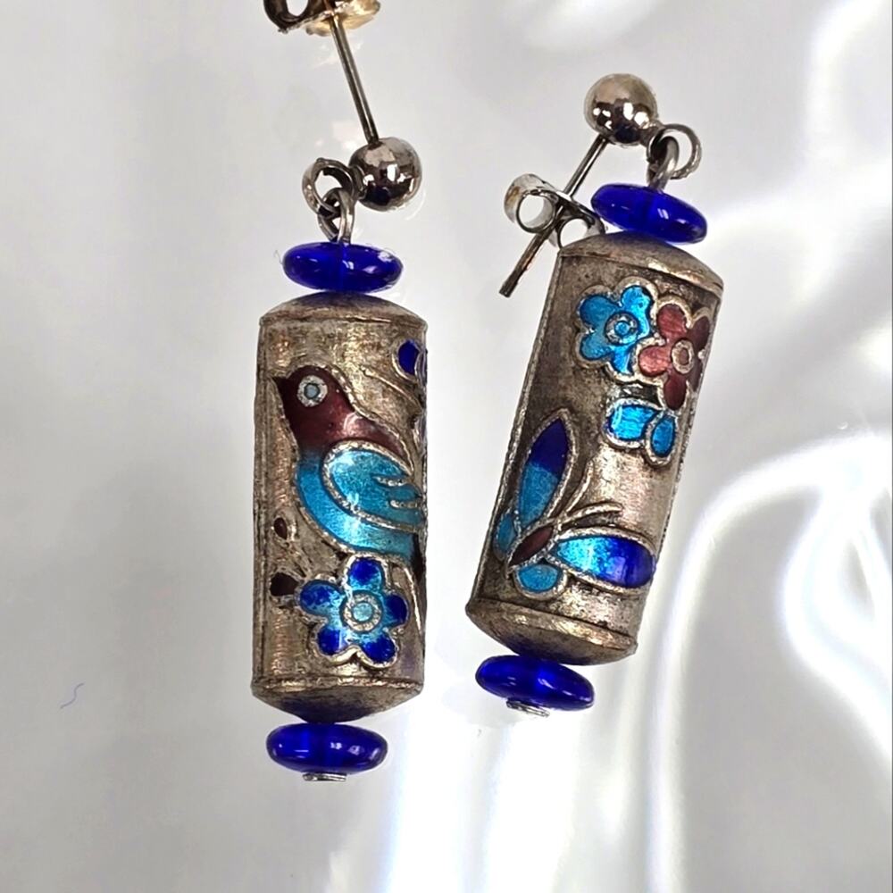 Vintage Cloisonne Butterflies & Birds Dangle Earrings